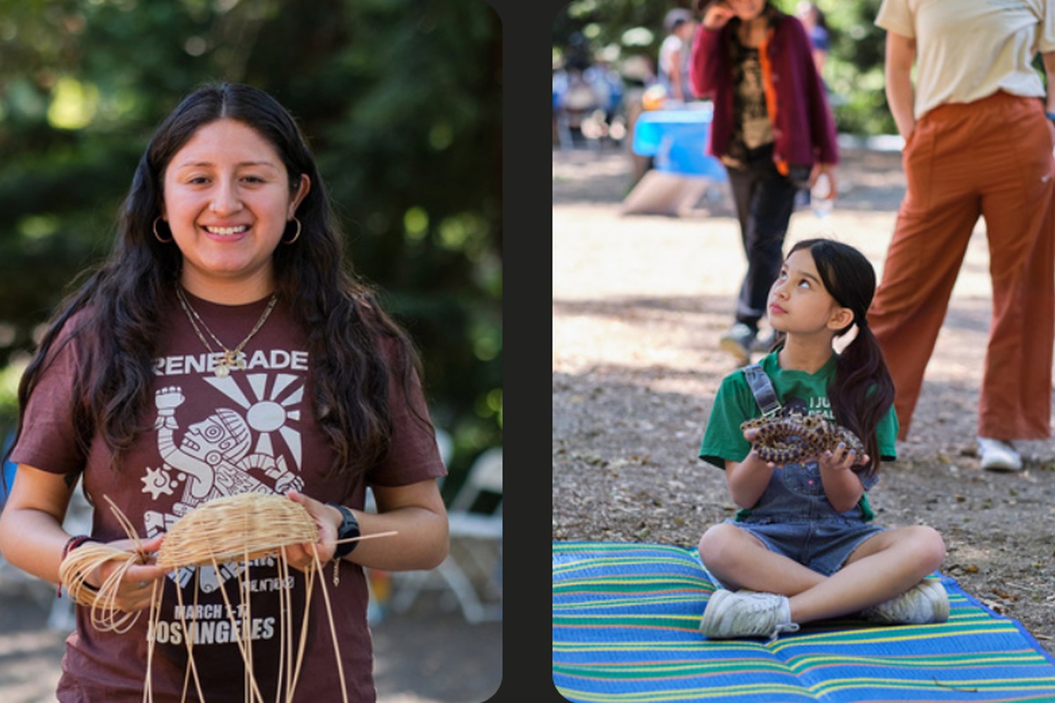 Two photos from the EdVenture Day shoot: a young woman weaving a basket, and a child on a blanket in the park