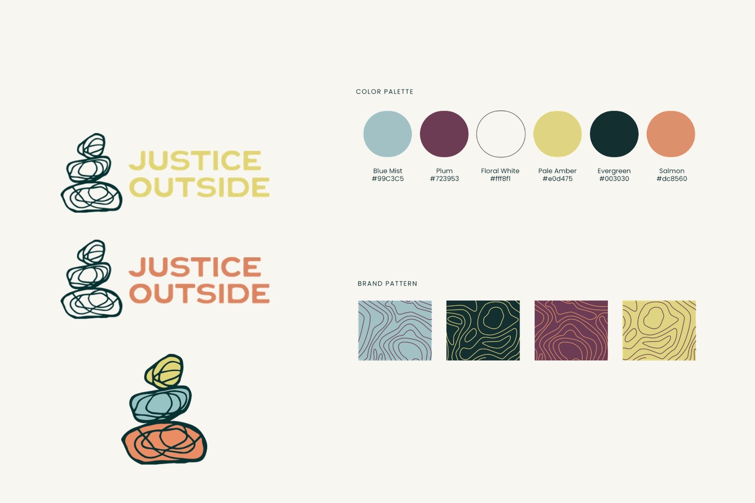 Justice Outside rebrand: logo suite, six-color palette, and topographic brand pattern