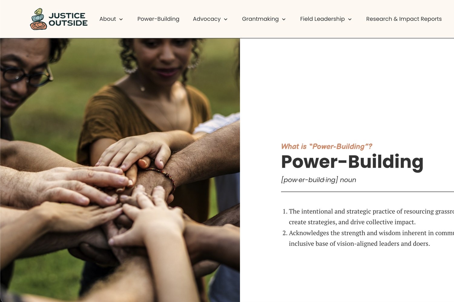 Justice Outside website: header and a Power-Building page